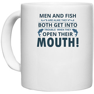                      UDNAG White Ceramic Coffee / Tea Mug 'Fishing | Men & Fish' Perfect for Gifting [330ml]                                              