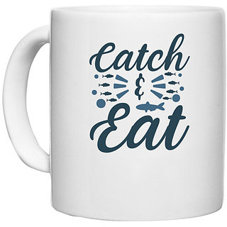                       UDNAG White Ceramic Coffee / Tea Mug 'Fishing | Catch & Eat' Perfect for Gifting [330ml]                                              