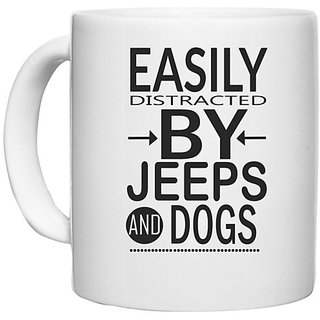                      UDNAG White Ceramic Coffee / Tea Mug 'Dog | Easily distracted by jeeps' Perfect for Gifting [330ml]                                              