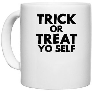                       UDNAG White Ceramic Coffee / Tea Mug 'Treat | trick or treat yo self' Perfect for Gifting [330ml]                                              