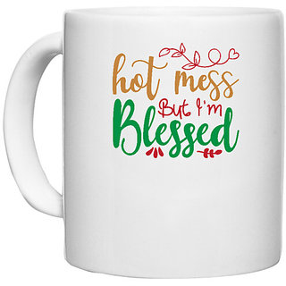                       UDNAG White Ceramic Coffee / Tea Mug 'Christmas | hot mess but i'm blessed' Perfect for Gifting [330ml]                                              
