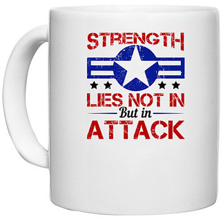                       UDNAG White Ceramic Coffee / Tea Mug 'Airforce | Strength lies not in defense but in attack' Perfect for Gifting [330ml]                                              