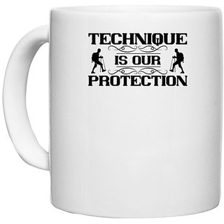                       UDNAG White Ceramic Coffee / Tea Mug 'Climbing | Technique is our protection' Perfect for Gifting [330ml]                                              