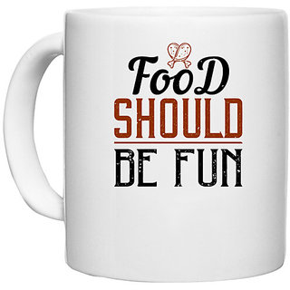                       UDNAG White Ceramic Coffee / Tea Mug 'Cooking | Food should be fun' Perfect for Gifting [330ml]                                              