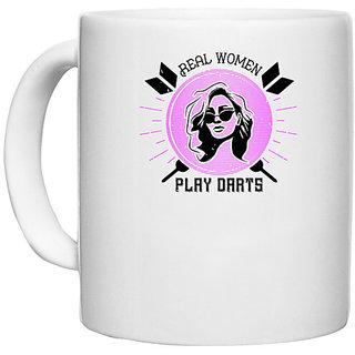                       UDNAG White Ceramic Coffee / Tea Mug 'Dart | Real women play darts' Perfect for Gifting [330ml]                                              