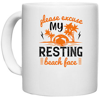                       UDNAG White Ceramic Coffee / Tea Mug 'Girls trip | please excuse my resting beach face' Perfect for Gifting [330ml]                                              