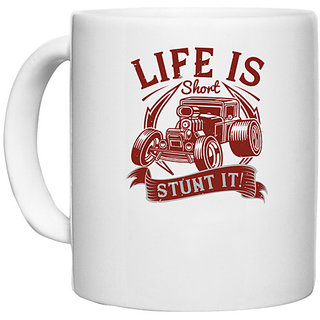                       UDNAG White Ceramic Coffee / Tea Mug 'Hot Rod Car | Life is short. Stunt it!' Perfect for Gifting [330ml]                                              