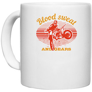                       UDNAG White Ceramic Coffee / Tea Mug 'Motor Cycle | Blood, Sweat, & Gears' Perfect for Gifting [330ml]                                              
