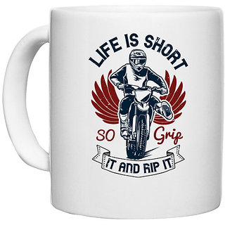                       UDNAG White Ceramic Coffee / Tea Mug 'Motor Cycle | Life is short, so grip it and rip it 2' Perfect for Gifting [330ml]                                              