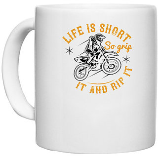                       UDNAG White Ceramic Coffee / Tea Mug 'Motor Cycle | Life is short, so grip it and rip it' Perfect for Gifting [330ml]                                              