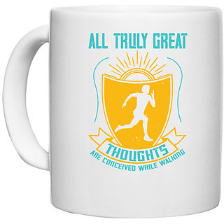                       UDNAG White Ceramic Coffee / Tea Mug 'Running | all truly great thoughts are' Perfect for Gifting [330ml]                                              
