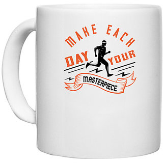                       UDNAG White Ceramic Coffee / Tea Mug 'Running | make each day your masterpiece' Perfect for Gifting [330ml]                                              