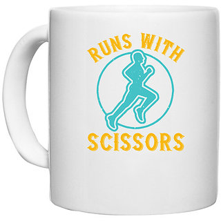 UDNAG White Ceramic Coffee / Tea Mug 'Running | run with sclssors' Perfect for Gifting [330ml]