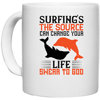                       UDNAG White Ceramic Coffee / Tea Mug 'Surfing | Surfing's the source. Can change your life' Perfect for Gifting [330ml]                                              
