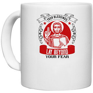                       UDNAG White Ceramic Coffee / Tea Mug 'Job | Your blessings lay beyond your fear' Perfect for Gifting [330ml]                                              