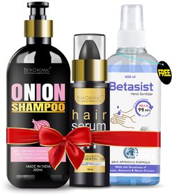 BetaOrganic Combo  pack For Onion shampoo  Hairfall  Dandruff Control  + hair serum  Sanitizer Free pack of 3