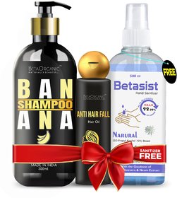 BetaOrganic Combo pack For Banana shampoo Hairfall  Dandruff Control  + sanitizer  anti hair fall oil Free Pack of 3