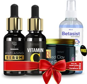 BetaOrganic Combo pack For Face serum Vitamin  + anti aging Best Serum for Glowing Skin and removes Pimples +sanitizer