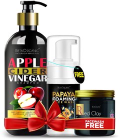 BetaOrganic Combo pack For Apple cider shampoo(300ml) +red clay face pack(200g)  papaya face wash (100ml) Free Pack of