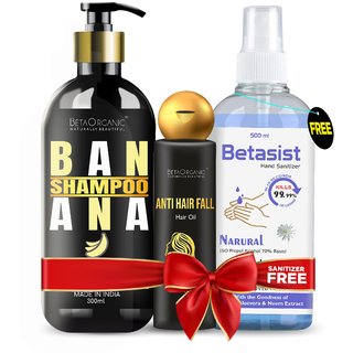 BetaOrganic Combo pack For Banana shampoo Hairfall  Dandruff Control  + sanitizer  anti hair fall oil Free Pack of 3