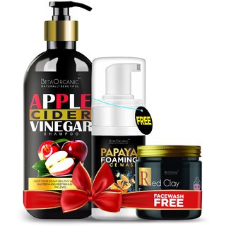 BetaOrganic Combo pack For Apple cider shampoo(300ml) +red clay face pack(200g)  papaya face wash (100ml) Free Pack of