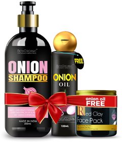 Combo pack For Onion shampoo Hairfall  Dandruff Control  (300ml) + Red Clay facepack (100g)onion oil (100ml) free Pac