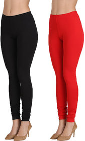 Pranjal Prime Stretch Fit Super Soft Women/Girl's Churidar Length Leggings, Pack of 2, Black and Red