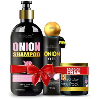                       Combo pack For Onion shampoo Hairfall  Dandruff Control  (300ml) + Red Clay facepack (100g)onion oil (100ml) free Pac                                              