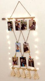 Khush Its Amazing Wooden Hanging Multi Cross 2 Stick Pine Photo Display Picture Frame  with Wood Clips LED Light