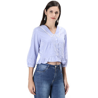                       women regular fit  blue cotton stripe top                                              