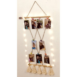 Khush Its Amazing Wooden Hanging Multi Cross 2 Stick Pine Photo Display Picture Frame  with Wood Clips LED Light