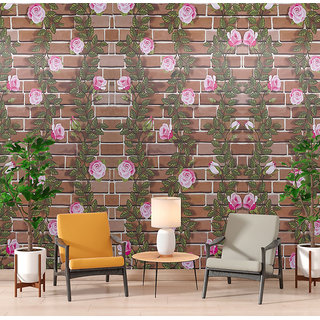                       JAAMSO ROYALS Brown Brick With Pink Flower Decorative Self Adhesive Vinyl Wallpaper ( 500 CM X 45 CM )                                              