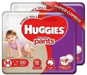 Huggies Wonder Pants, Medium (M) Size Baby Diaper Pants, 7 - 12 kg, Combo Pack of 2, 50 count Per Pack, 100 count