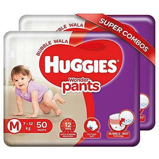Huggies Wonder Pants, Medium (M) Size Baby Diaper Pants, 7 - 12 kg, Combo Pack of 2, 50 count Per Pack, 100 count