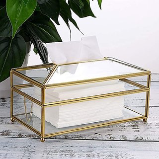 Unique Rectangular Clear Glass Paper Tissue Box, Decorative Glass Napkin Storage Box, Facial Tissue Holder (Large)