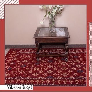 Rugmoda Handmade Cotton Woollen Rugs/durrie for Living -  Chitra Design Floor Mat - (Length180Cm,Width120cm) Red