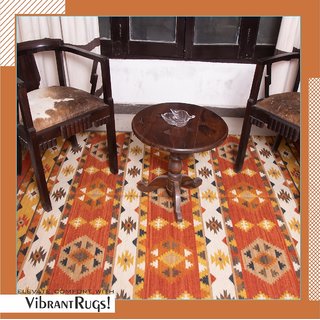                       Rugmoda Handmade Cotton Woollen Rugs/durrie - Phulmati Design Floor Mat(Length200cm,Width140cm)-Orange/White                                              