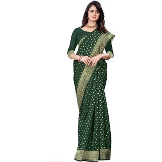                       A2 Fashions Green Silk saree with polka prints golden zari border                                              
