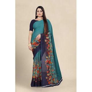                       Sharda Creation Green Georgette Printed Saree With Blouse                                              