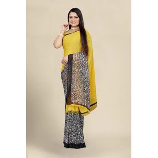                       Sharda Creation Yellow Georgette Printed Saree With Blouse                                              