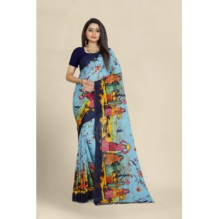 Sharda Creation Blue Georgette Printed Saree With Blouse Sharda Creation Blue Georgette Printed Saree With Blouse