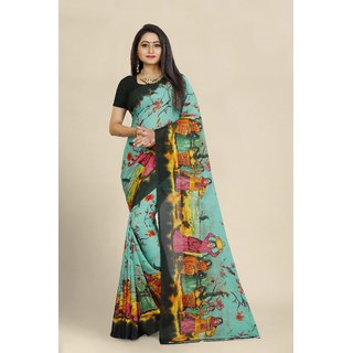                       Sharda Creation Green Georgette Printed Saree With Blouse                                              