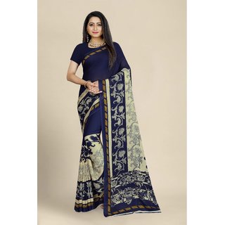                      Sharda Creation Blue Georgette Printed Saree With Blouse                                              