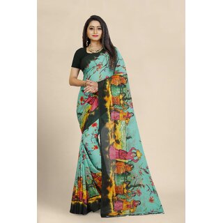                       SVB Saree Green Georgette Printed Saree With Blouse                                              