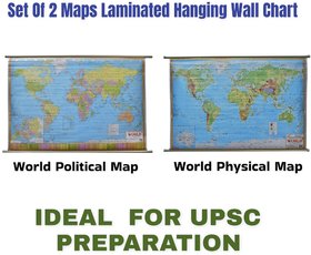 World Political Map  World Physical Map Chart  LAMINATED  SET OF 2  English Medium Useful for UPSC, SSC, IES