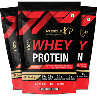 MuscleXP 100% Whey Protein with Whey Protein and Fruit Berry Flavour, 1Kg Pouch  (Pack Of 3)