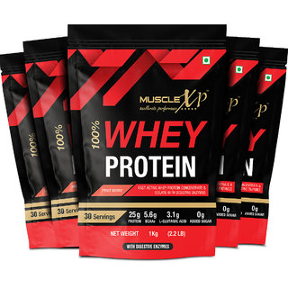 MuscleXP 100% Whey Protein with Whey Protein and Fruit Berry Flavour, 1Kg Pouch  (Pack Of 5)