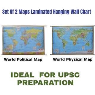 World Political Map  World Physical Map Chart  LAMINATED  SET OF 2  English Medium Useful for UPSC, SSC, IES