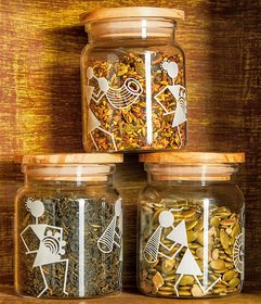 GARV 210ml borosilicate glass matki spice jar with warli print and airtight pinewood lid (set of 3)