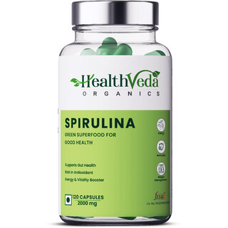 Health Veda Organics Spirulina Capsules  Plant Based Green Food for Good Health  Weight Management  120 Veg Capsules